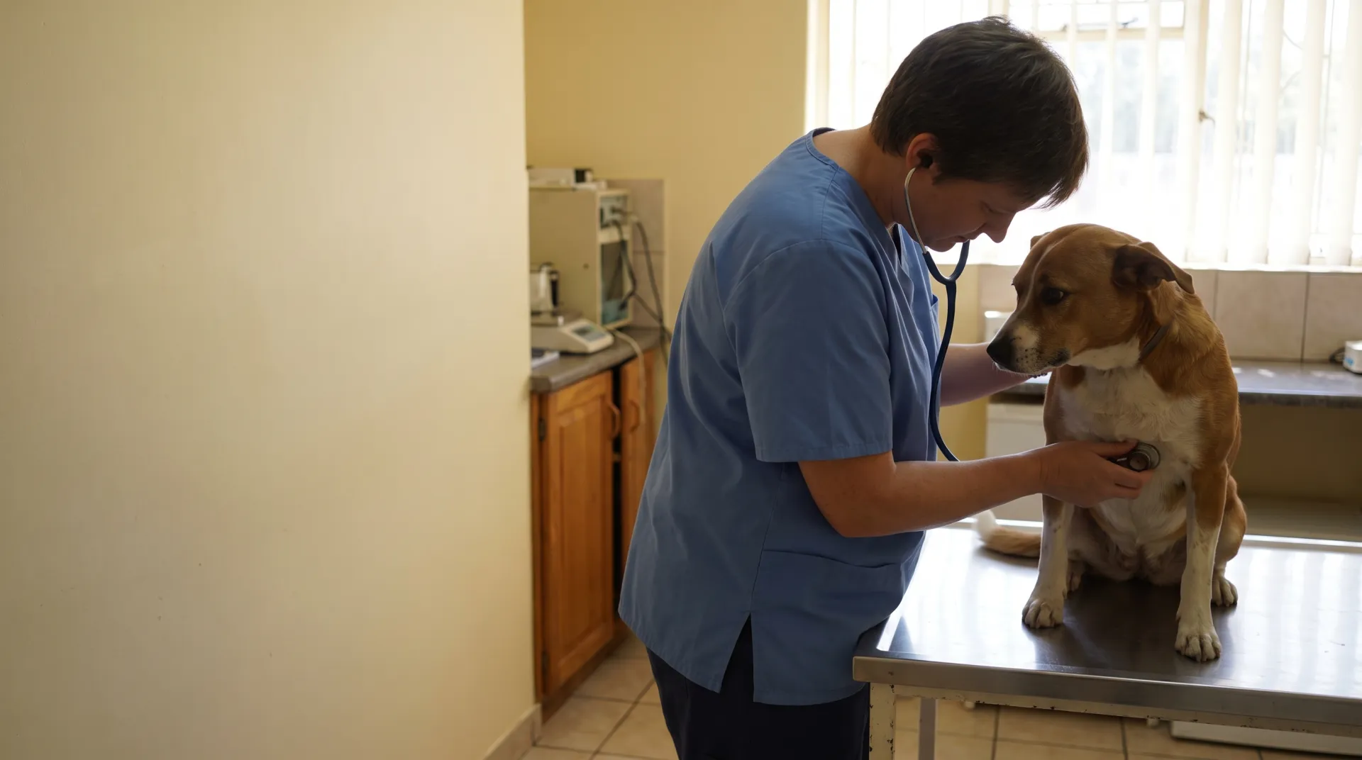A vet listening to a calm dog's chest in a bright consulting room