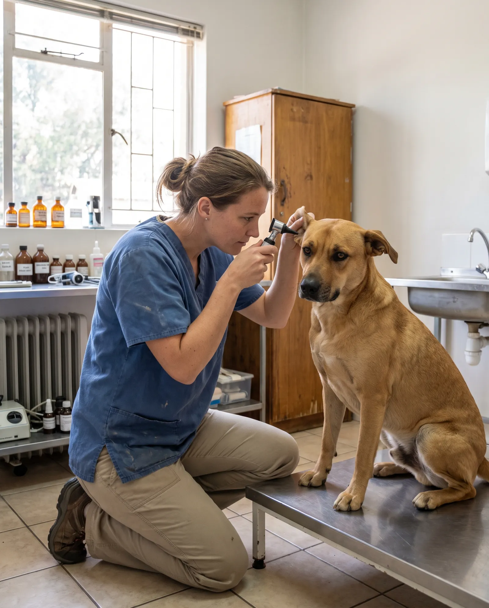 A vet gently checking a calm dog's ear in a bright consulting room