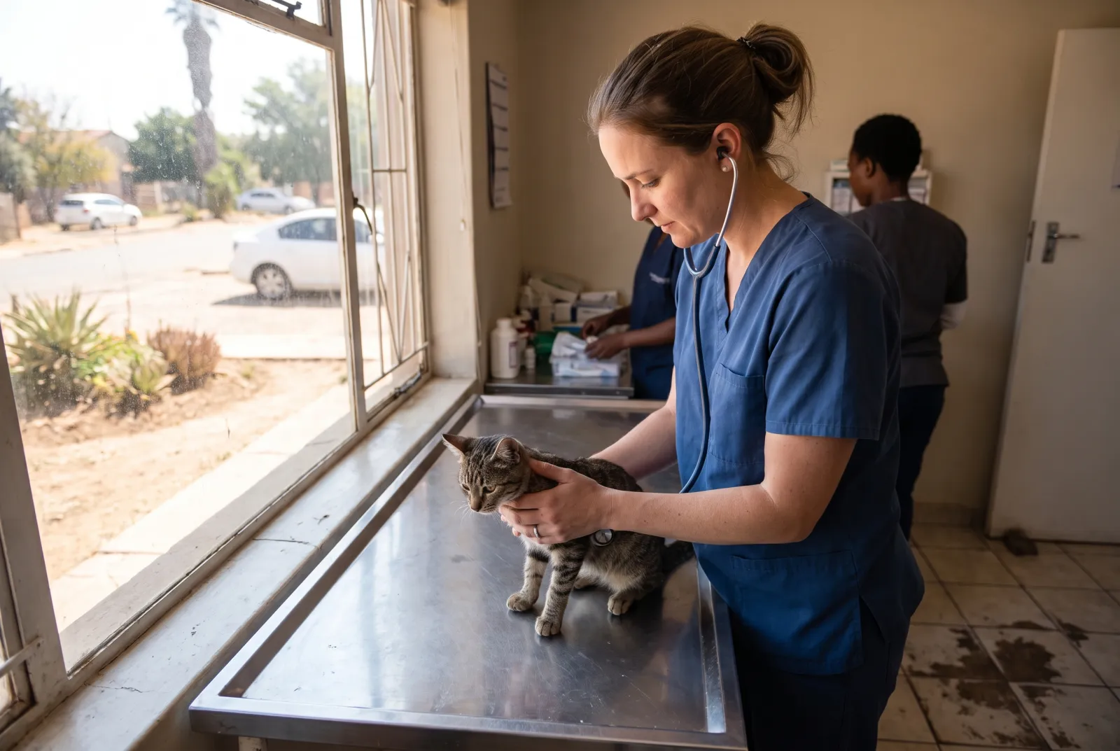 A vet listening to a small cat's chest with a stethoscope on an examination table