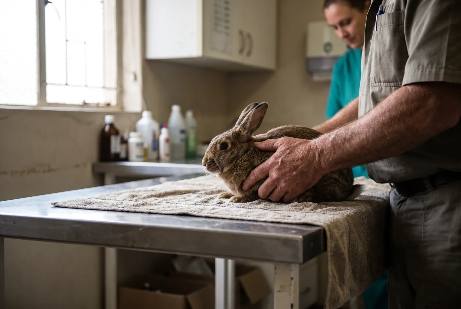 Hands gently holding a small brown rabbit on an examination table